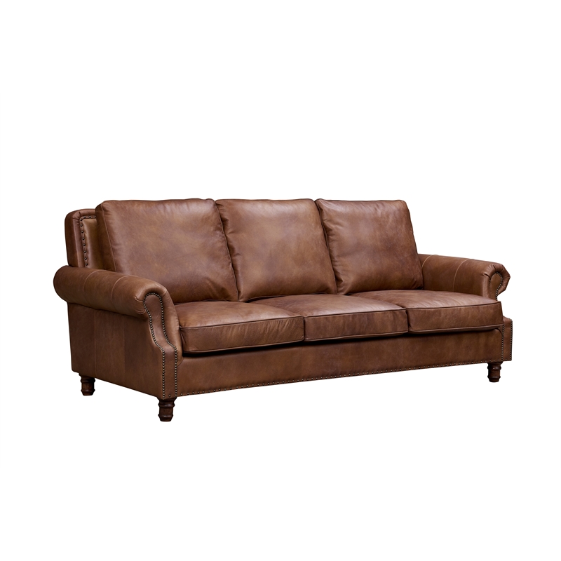Crafters and Weavers English Rolled Arm Sofa in Bark Brown Leather
