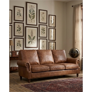 Crafters and Weavers English Rolled Arm Sofa in Bark Brown Leather