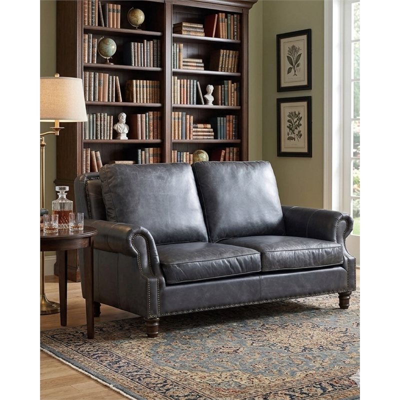 Crafters and Weavers English Rolled Arm Love Seat in Slate Leather