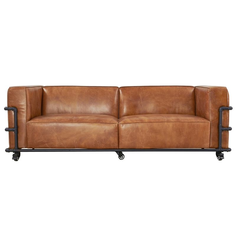 Crafters and Weavers Henry Industrial Modern Leather Sofa in Slate