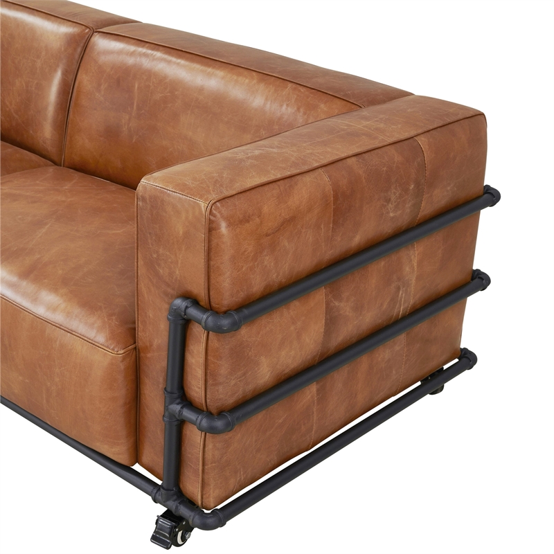 Crafters and Weavers Henry Industrial Modern Leather Sofa in Slate
