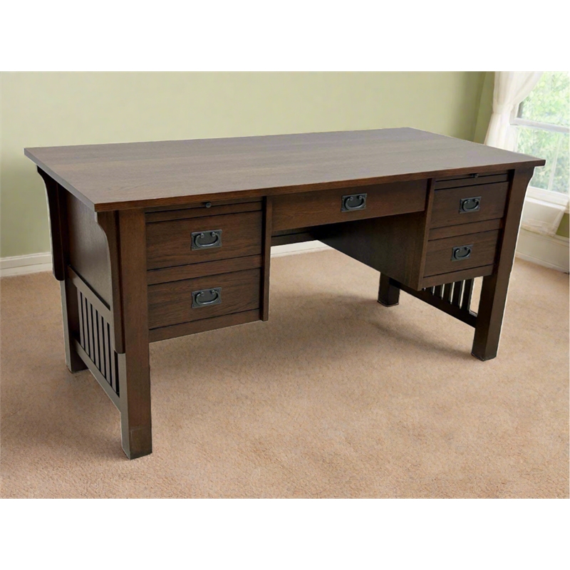 Crafters and Weavers Mission Quarter Sawn Oak 5 Drawer Desk in Walnut