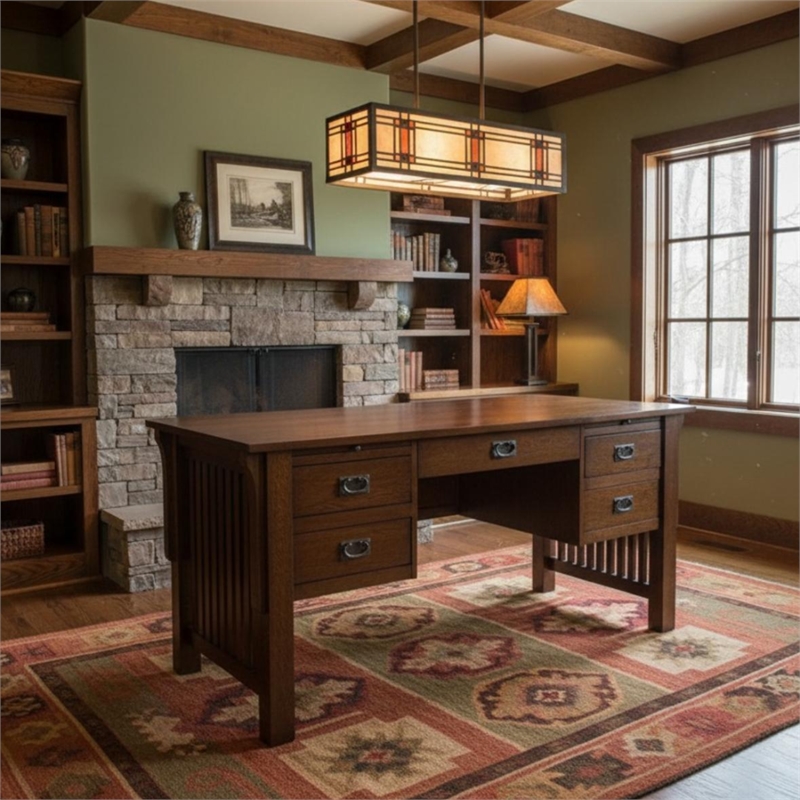 Crafters and Weavers Mission Quarter Sawn Oak 5 Drawer Desk in Walnut