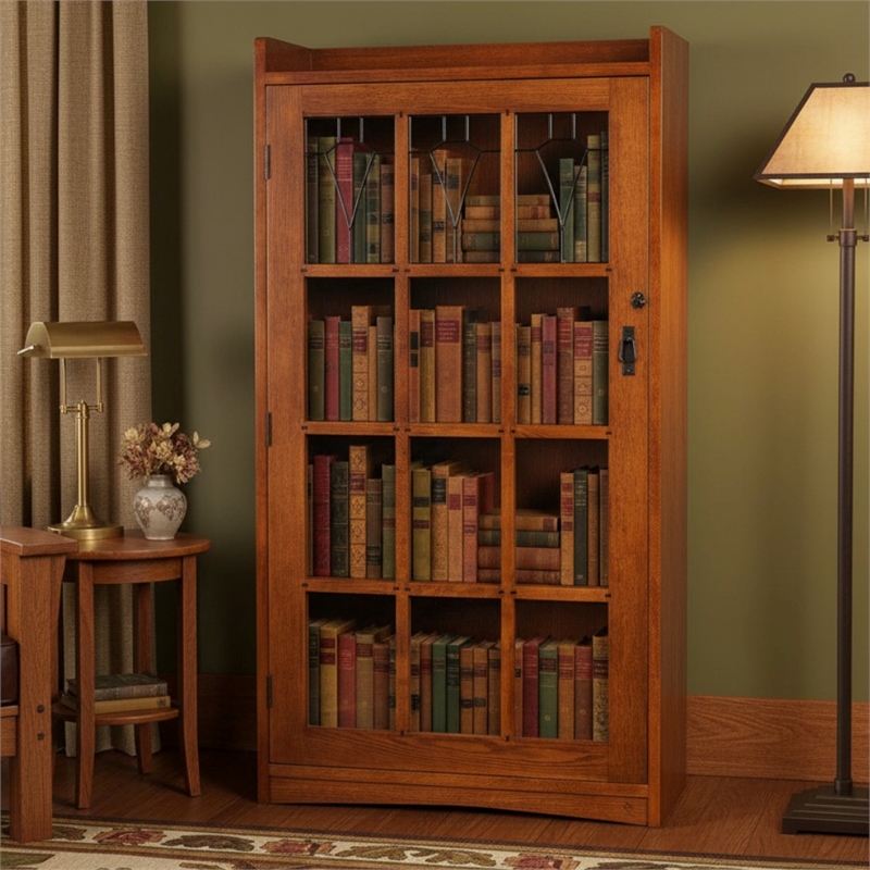 Crafters and Weavers Mission Leaded Glass Bookcase with Lock & Key in Cherry