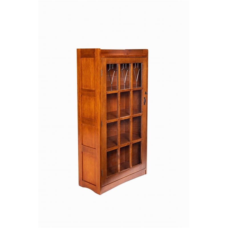 Crafters and Weavers Mission Leaded Glass Bookcase with Lock & Key in Walnut