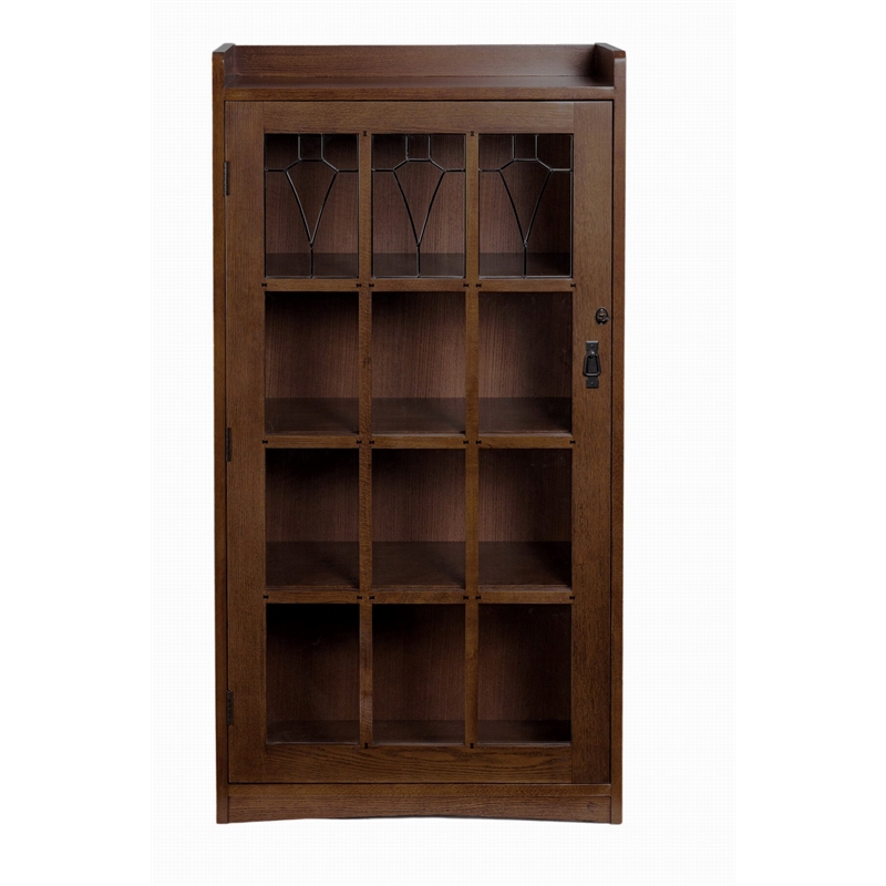 Crafters and Weavers Mission Leaded Glass Bookcase with Lock & Key in Walnut