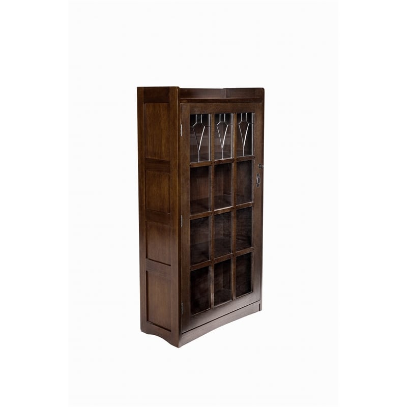Crafters and Weavers Mission Leaded Glass Bookcase with Lock & Key in Walnut
