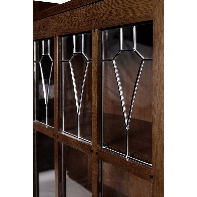 Crafters and Weavers Mission Leaded Glass Bookcase with Lock & Key in Walnut