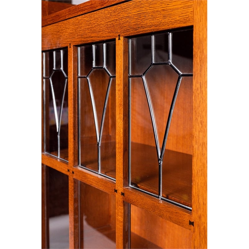 Crafters and Weavers Mission Leaded Glass Bookcase with Lock & Key in Walnut