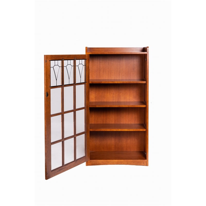 Crafters and Weavers Mission Leaded Glass Bookcase with Lock & Key in Walnut