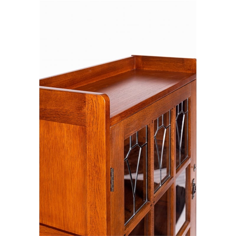 Crafters and Weavers Mission Leaded Glass Bookcase with Lock & Key in Walnut