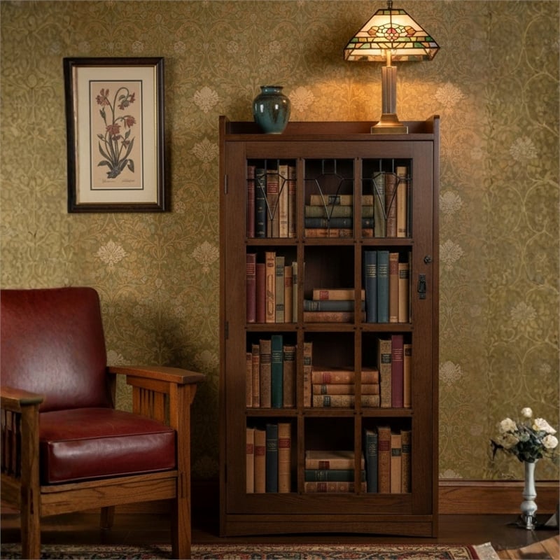 Crafters and Weavers Mission Leaded Glass Bookcase with Lock & Key in Walnut