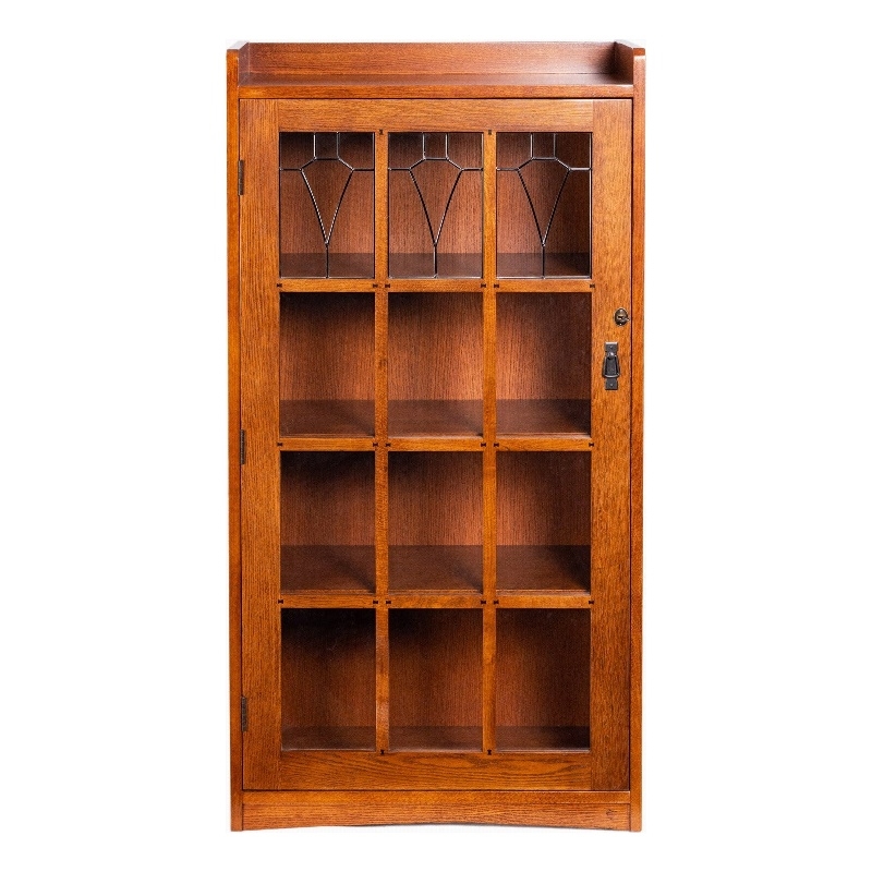 Crafters and Weavers Mission Leaded Glass Bookcase with Lock & Key in Walnut