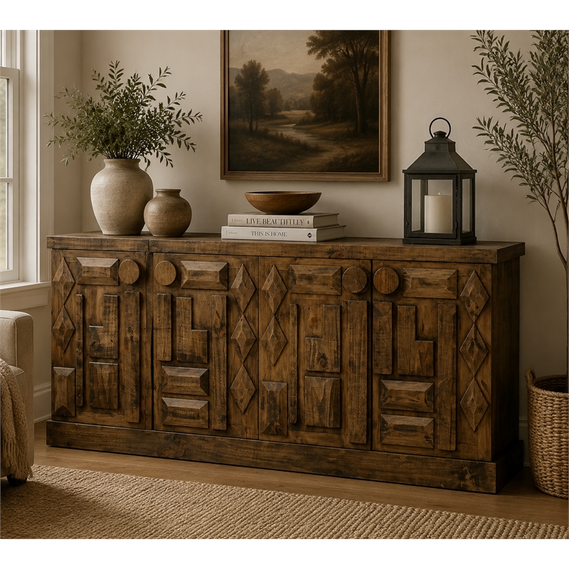 Crafters and Weavers Rustic-Modern Geometric Design Sideboard in Brown