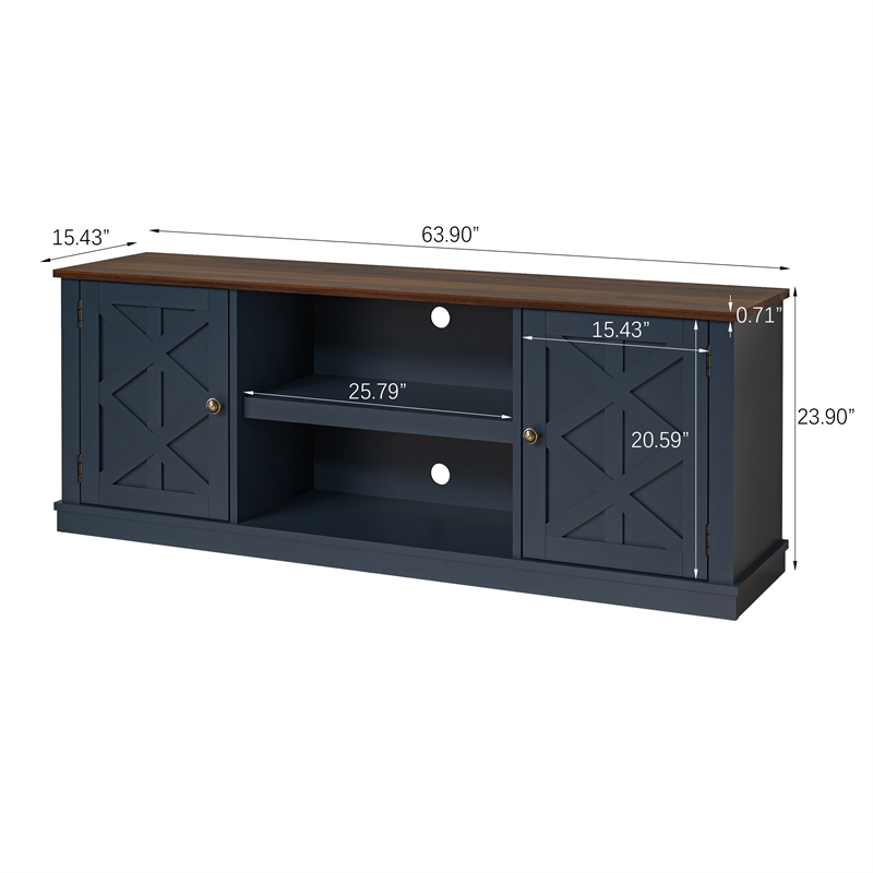 LIVILAND 64 in. TV Media Stand for TV up to 70 in. Navy w/ Walnut Color Desktop