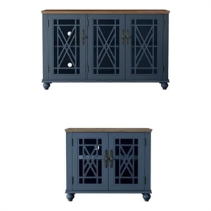 LIVILAND 2 Piece Floral Storage Buffet Sideboard Set (55 & 38) in Navy Blue