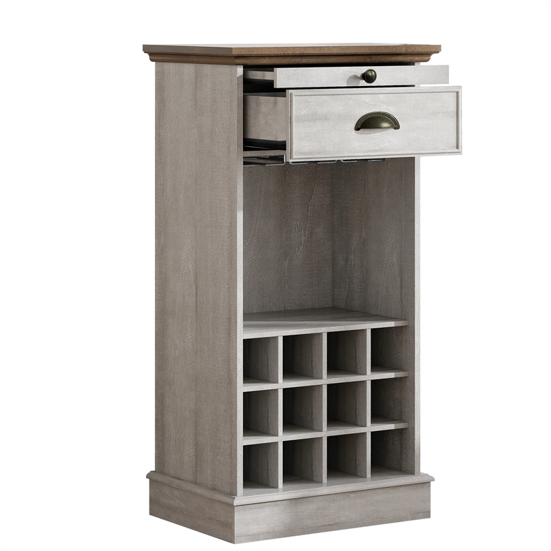 LIVILAND Wine Cabinet w/Metal Glass Holder & Lattice Rack - Saw Cut Off White