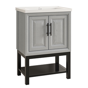 24&quot Freestanding Vanity with Ceramic Sink & Cabinet & Bottom Glass Shelf - Grey