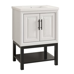 24&quot Freestanding Vanity with Ceramic Sink & Cabinet & Bottom Glass Shelf - White