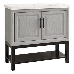36&quot Freestanding Vanity with Ceramic Sink & Cabinet & Bottom Glass Shelf - Grey
