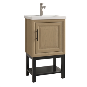 20&quot Freestanding Vanity with Ceramic Sink & Cabinet & Bottom Glass Shelf and Faucet- Natural Oak
