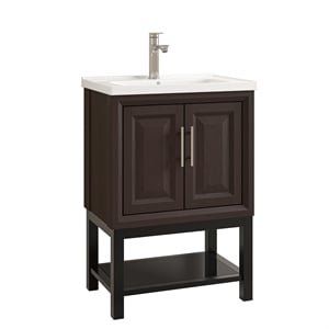 24&quot Freestanding Vanity with Ceramic Sink & Cabinet & Bottom Glass Shelf and Faucet - Dark Brown