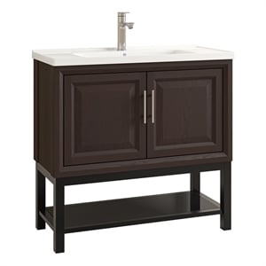 36&quot Freestanding Vanity with Ceramic Sink & Cabinet & Bottom Glass Shelf and Faucet- Dark Brown