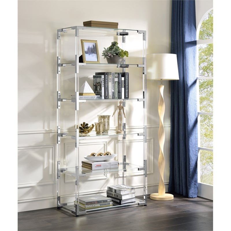 Fox Hill Trading Pure Decor Lucite Acrylic Bookcase with 6 Shelf in Clear/Chrome