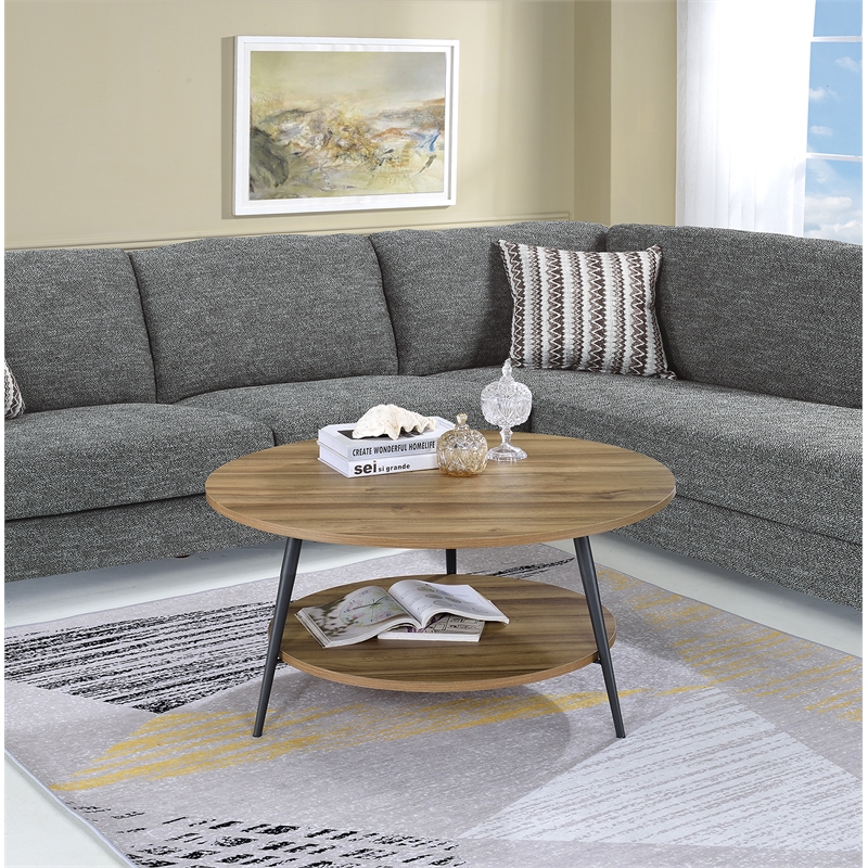 Fox Hill Trading Millenial Lumi 2-Tier Round Coffee Table in Light Wood/Black