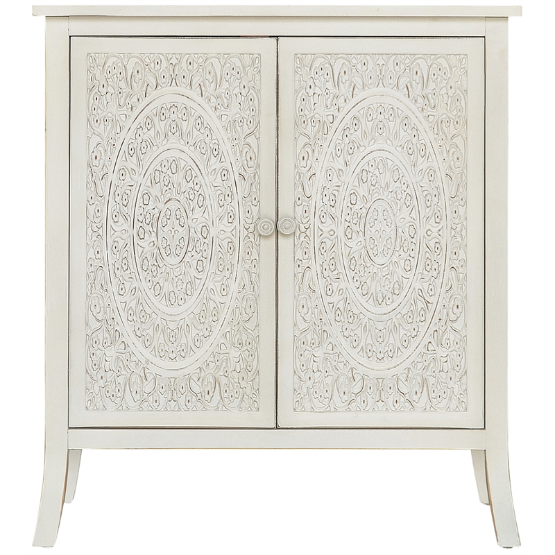 Gallerie Decor Antiqued Carved Transitional Wood Cabinet in White