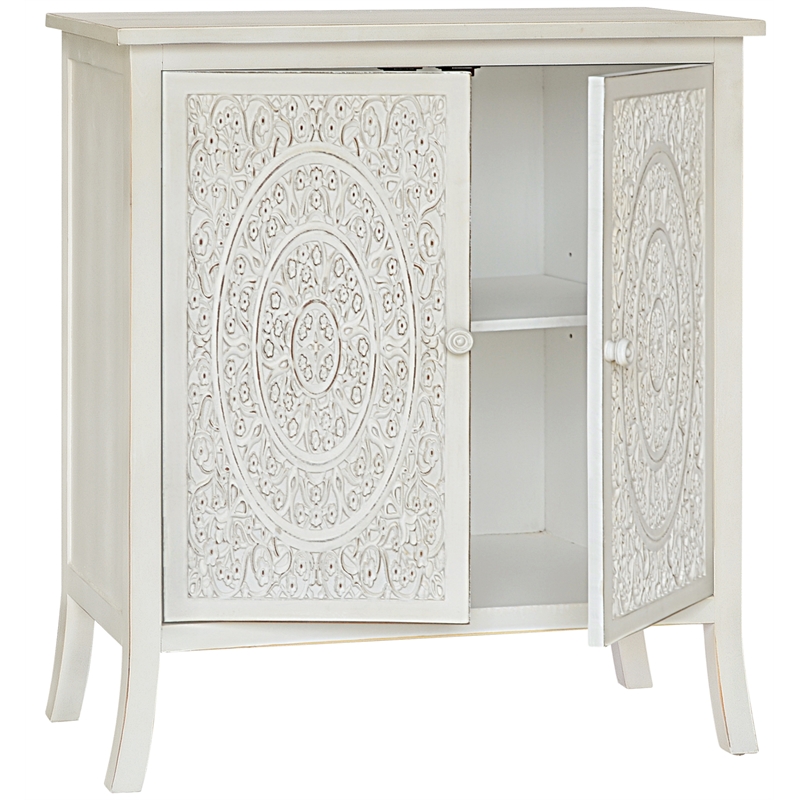Gallerie Decor Antiqued Carved Transitional Wood Cabinet in White