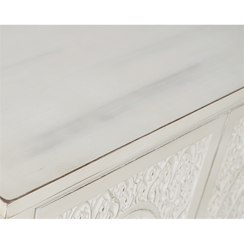 Gallerie Decor Antiqued Carved Transitional Wood Cabinet in White