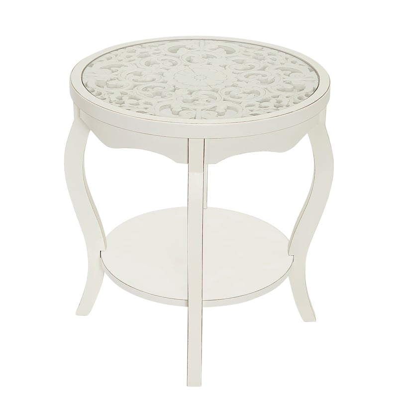 Gallerie Decor Antiqued Carved Transitional Wood/Glass Side Table in White