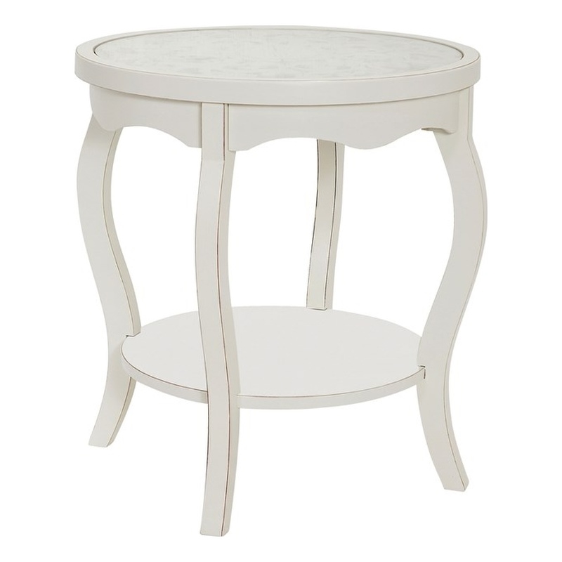 Gallerie Decor Antiqued Carved Transitional Wood/Glass Side Table in White
