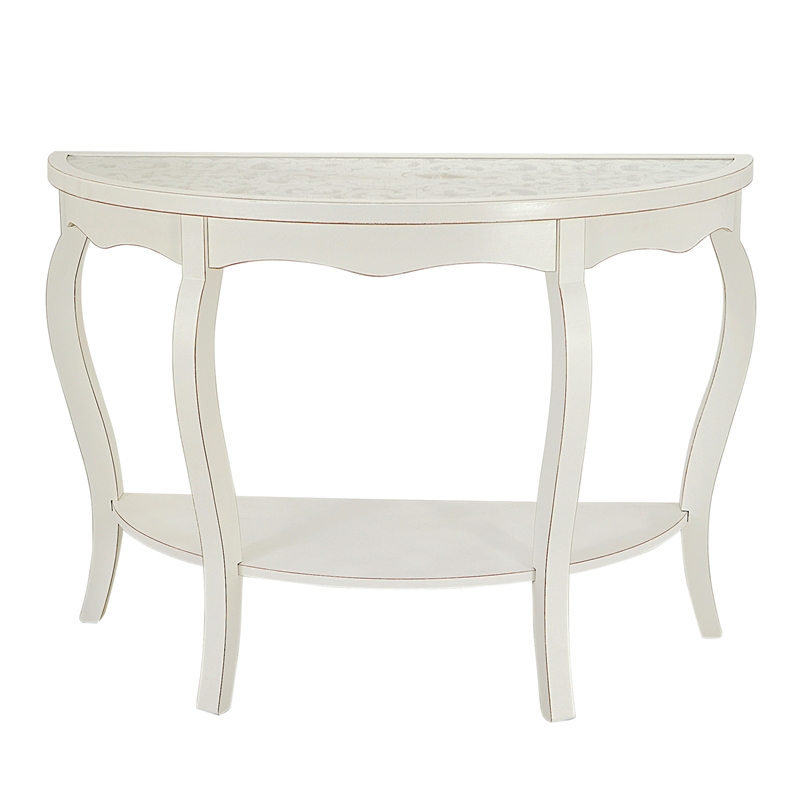 Gallerie Decor Antiqued Carved Transitional Wood/Glass Console Table in White