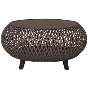 Gallerie Decor Bora Bora Round Transitional Rattan Coffee Table in Walnut