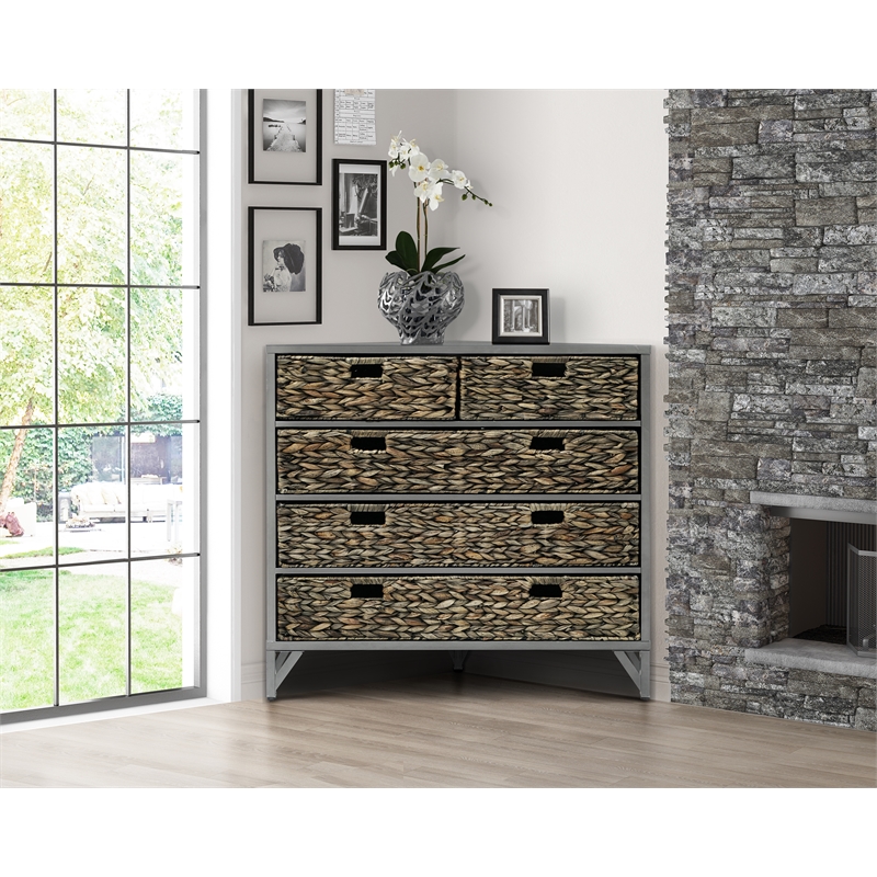Gallerie Decor Rio 5-Drawer Transitional Metal Corner Cabinet in Gray