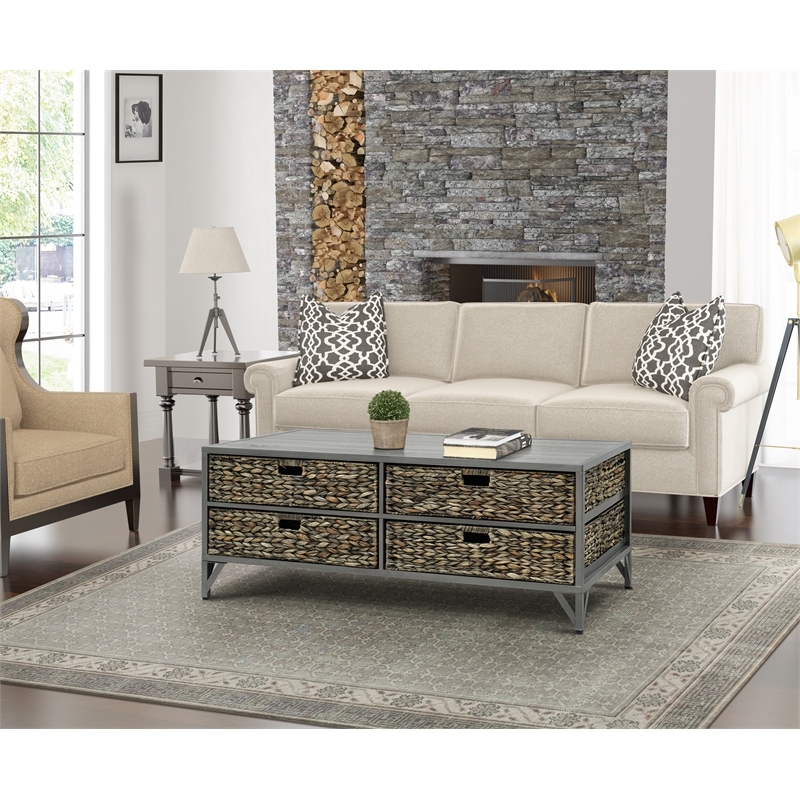 Gallerie Decor Rio Metal/Wood Coffee Table with Hairpin Legs in Gray