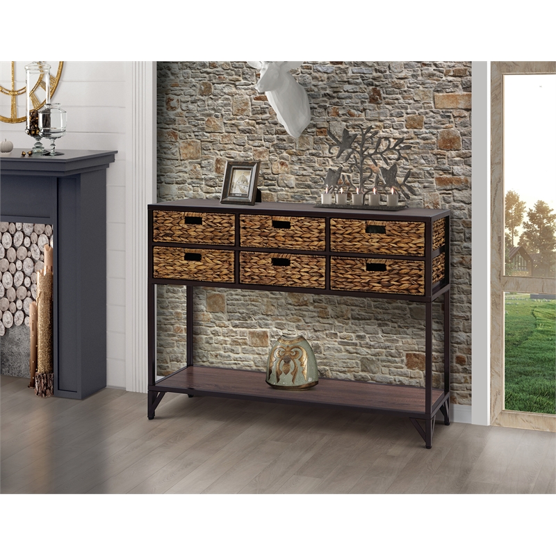 Gallerie Decor Rio Transitional Metal/Wood Console Table in Walnut