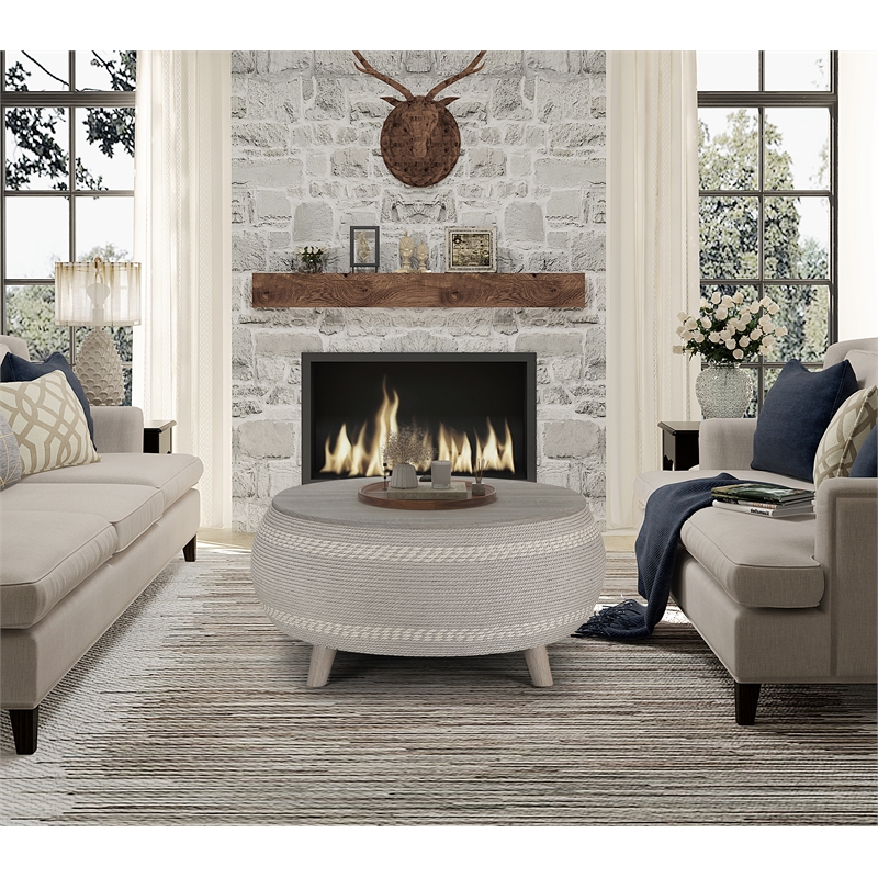 Gallerie Decor Dimensions Transitional Rattan Drum Coffee Table in Gray