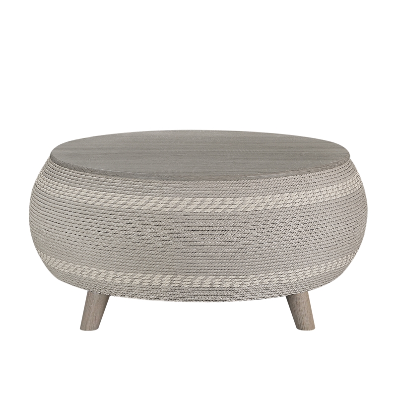 Gallerie Decor Dimensions Transitional Rattan Drum Coffee Table in Gray
