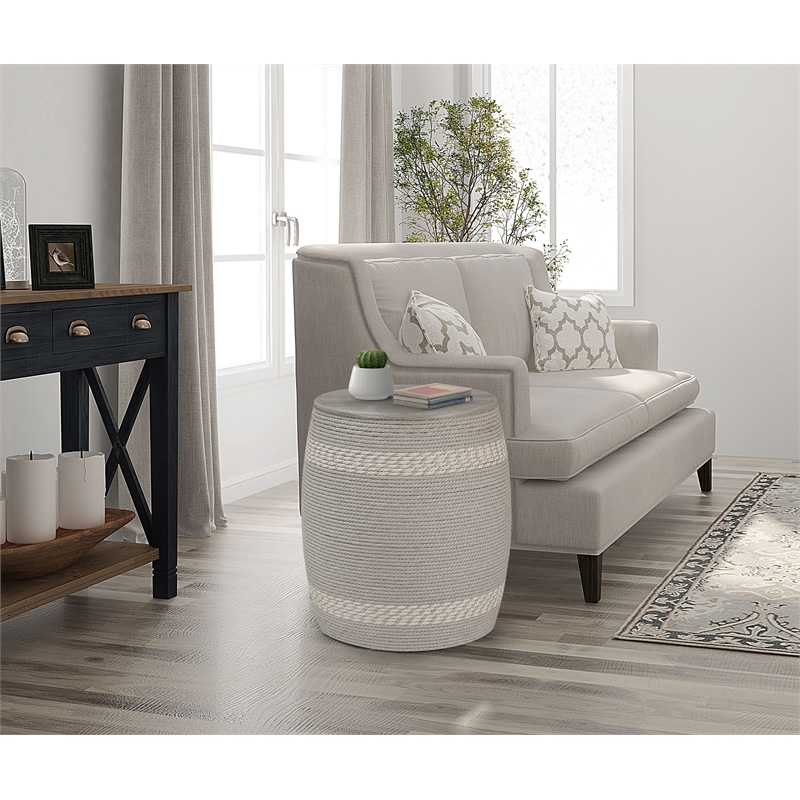 Gallerie Decor Dimensions Transitional Rattan Drum Side Table in Gray