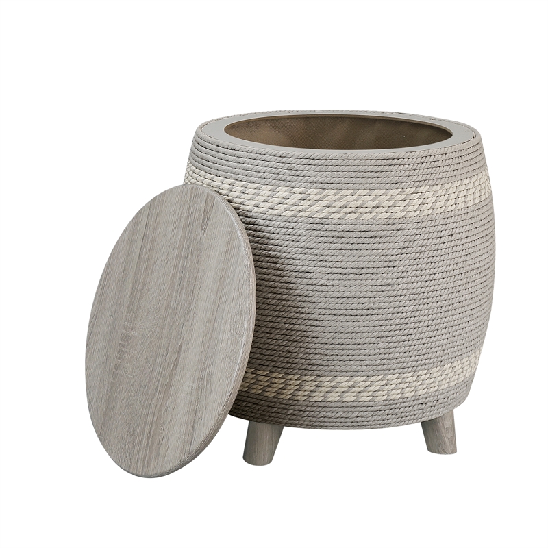 Gallerie Decor Dimensions Transitional Rattan Drum Storage Ottoman in Gray