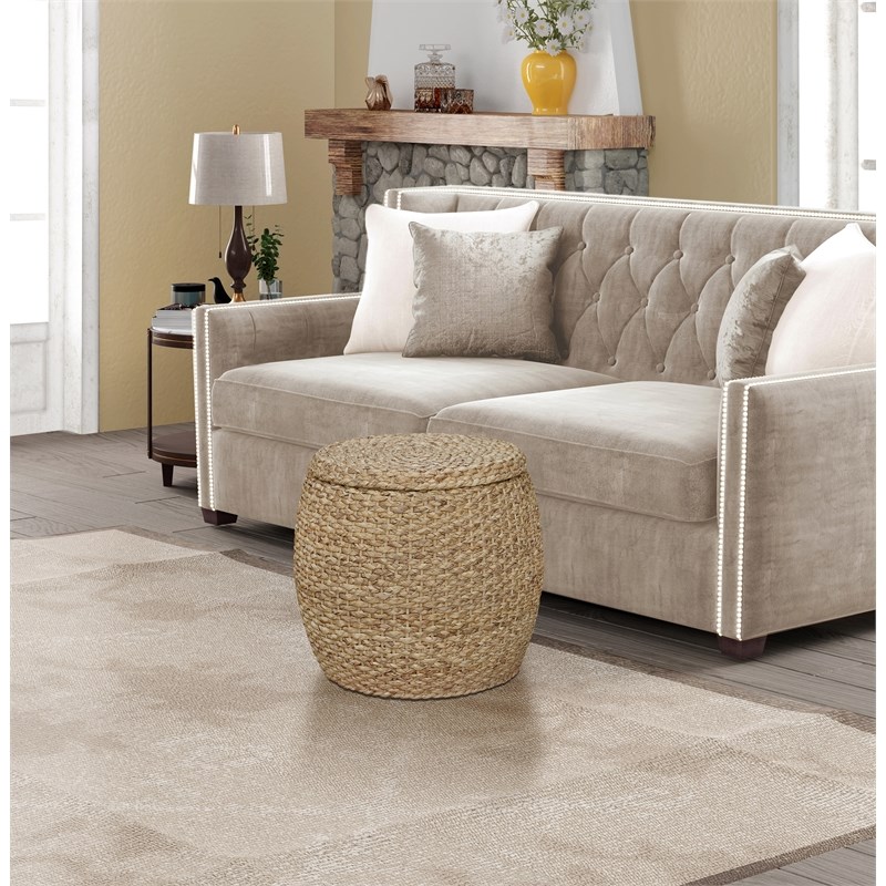 Gallerie Decor Fiji Transitional Wood Drum Storage Ottoman in Natural