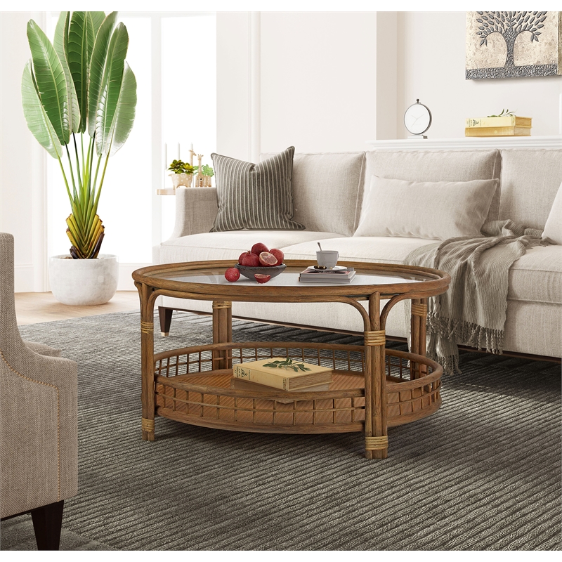 Gallerie Decor Bimini Transitional Rattan Coffee Table in Walnut
