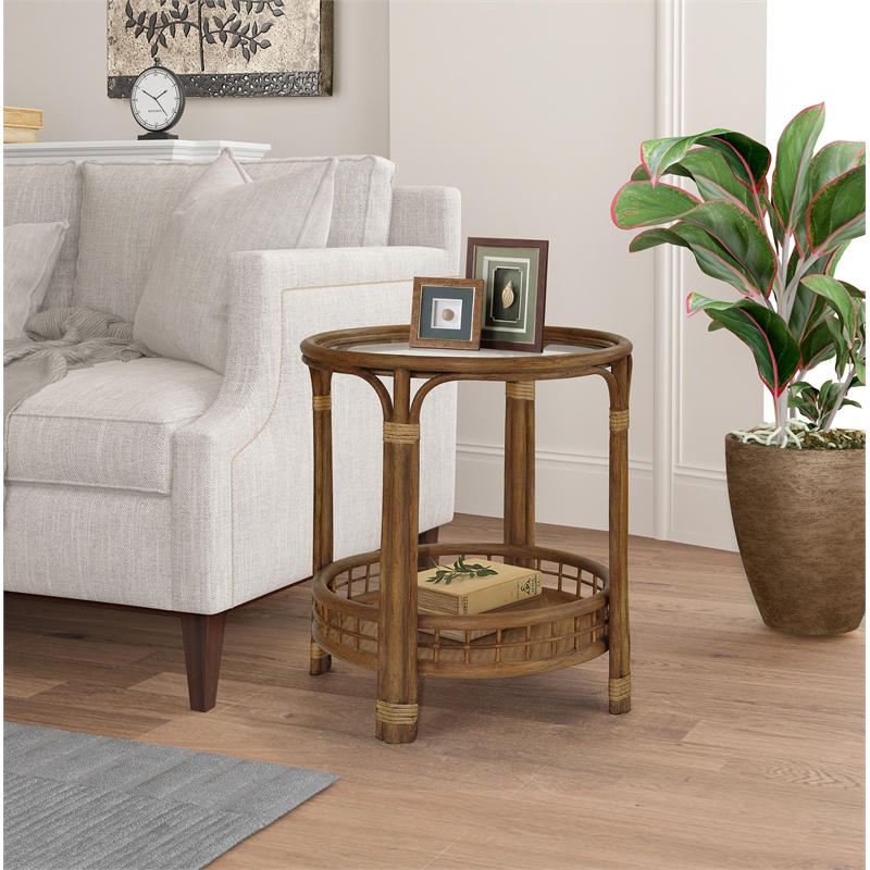 Gallerie Decor Bimini Transitional Rattan/Glass Side Table in Walnut