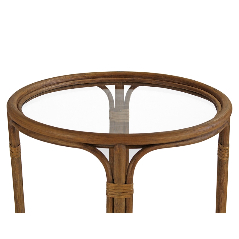 Gallerie Decor Bimini Transitional Rattan/Glass Side Table in Walnut