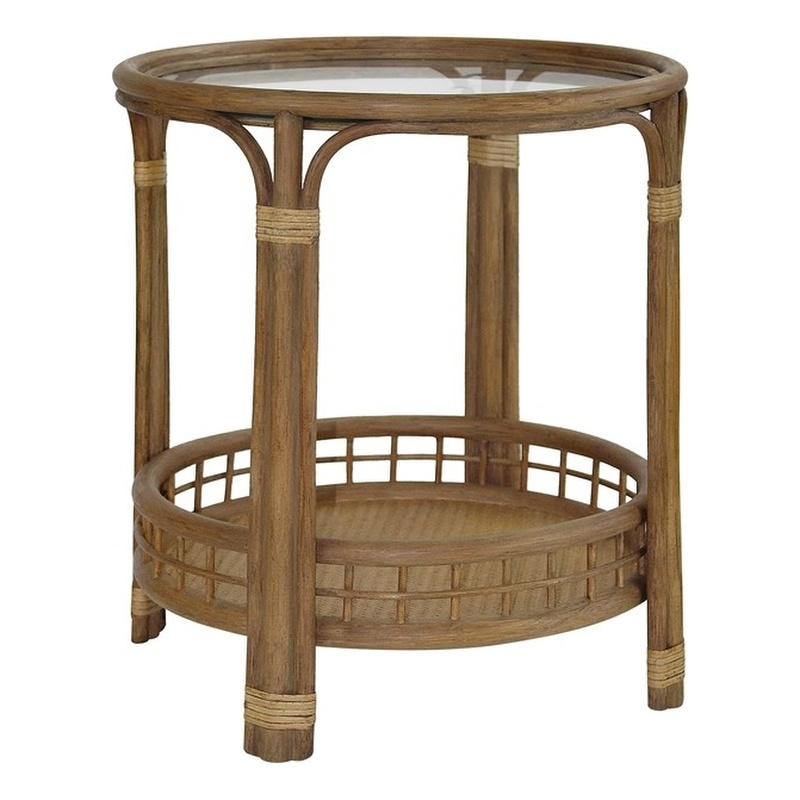 Gallerie Decor Bimini Transitional Rattan/Glass Side Table in Walnut