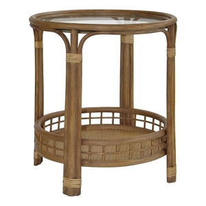 Gallerie Decor Bimini Transitional Rattan/Glass Side Table in Walnut