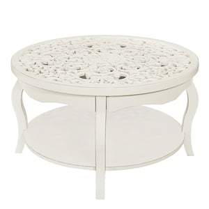 Gallerie Decor Antiqued Carved Transitional Wood Coffee Table in White